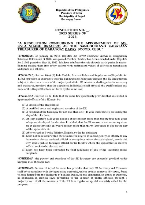 Resolution For The Appointment Of Sk Treasurer 2 1 1 Republic Of The Philippines Province Of