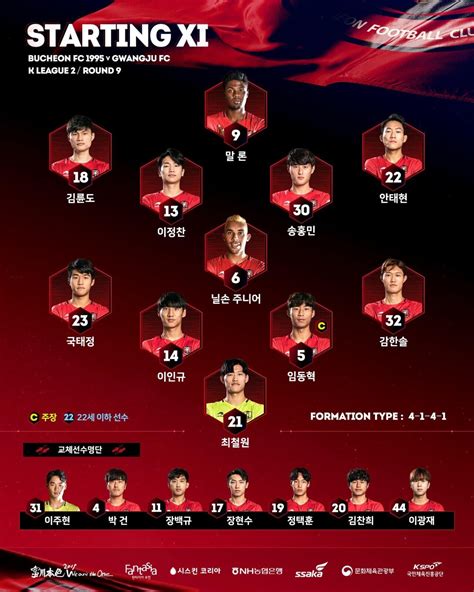 부천 Vs 광주 선발 라인업 1930 킥오프 국내축구 에펨코리아