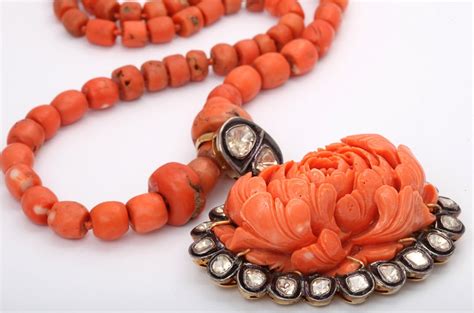 Carved Coral And Diamond Necklace For Sale At Stdibs