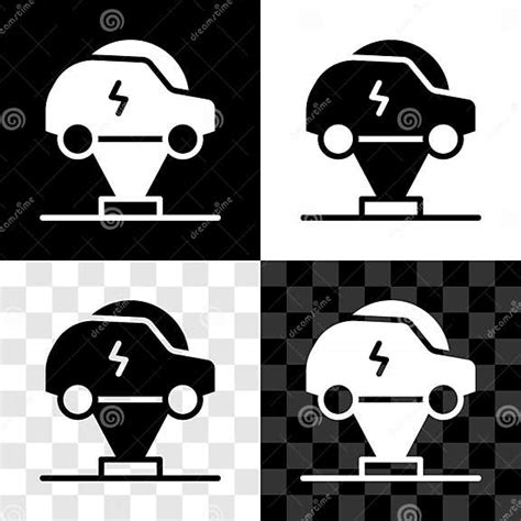 Set Electric Car And Electrical Cable Plug Charging Icon Isolated On Black And White