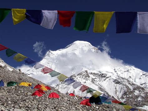 Prayer Flags And Cho Oyu From Base Camp Cho Oyu Base Camp Mark