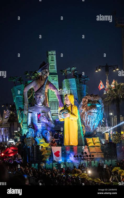 the floats of the Viareggio 2020 carnival parade along the seafront ...