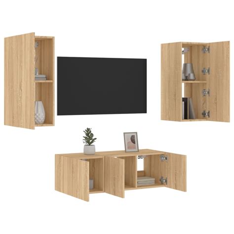 Pcs Ensemble De Meubles Tv Muraux Avec Led Banc Tv Armoire Tv