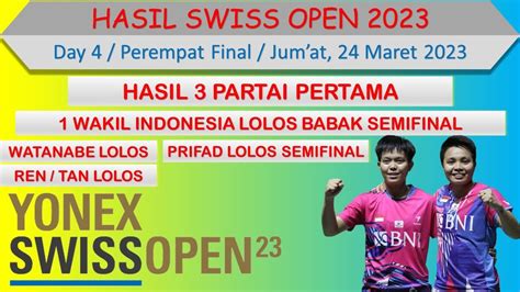 Hasil Swiss Open 2023 Hari Ini Day 4 Perempat Final Prifad Lolos