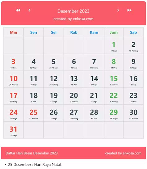 Kalender Bulan Desember 2023 Lengkap Enkosa