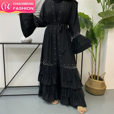 Women Pearl Beading Kimono Cardigan Chiffon Abaya Dubai Kaftan Muslim