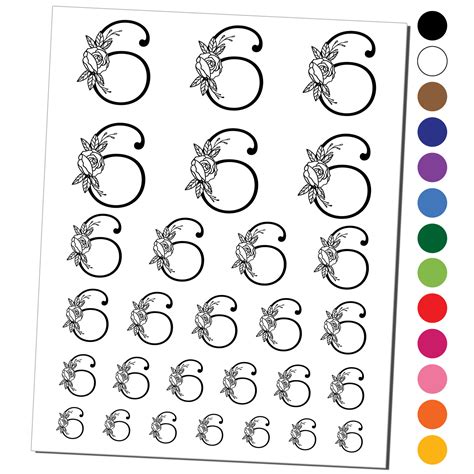 Rose Typewriter Font Number 6 Six Water Resistant Temporary Tattoo Set