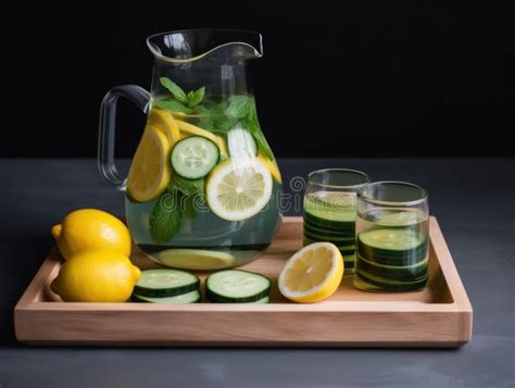 A Pitcher Of Lemonade And Cucumbers On A Tray Ai Generative Image