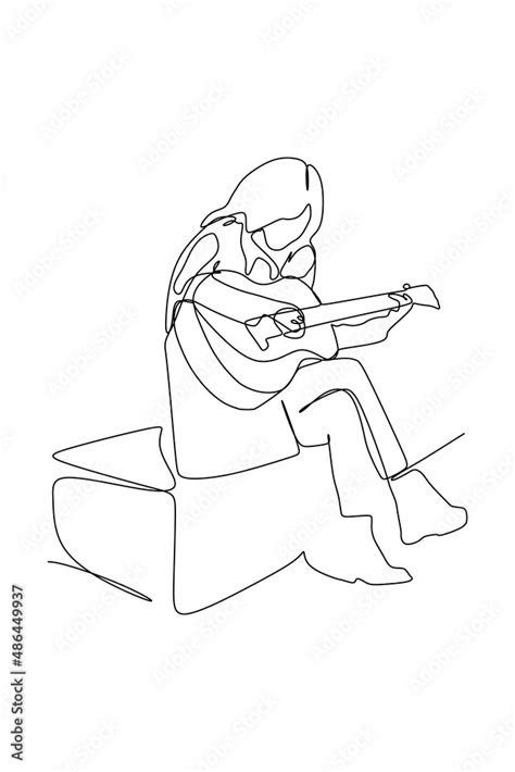 Continuous Line Drawing Of Female Sitting Guitarist Playing Guitar Dynamic Musician Artist