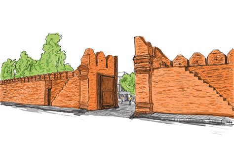 Freehand Sketch Of Tha Phae Gate An Ancient Landmark In Chiang Mai