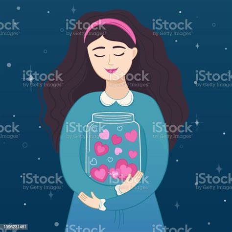 Vector Illustration Romantic Girl With Jar With Hearts Stock