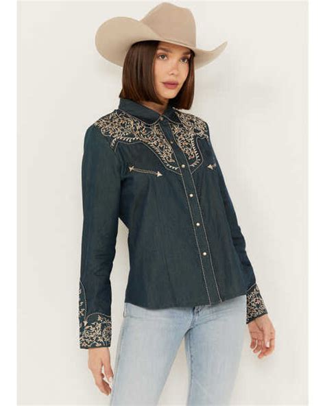 Scully Womens Vine Embroidered Long Sleeve Western Shirt Blue