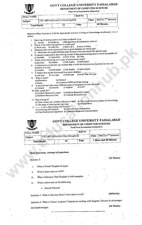 CSI 609 Fundamentals Of Data Mining BSCS GCUF Past Papers Education Hub