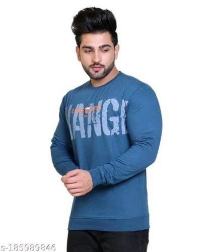 Men Dark Blue Printed Full Sleeve Cotton T Shirt Round Neck At Rs 225