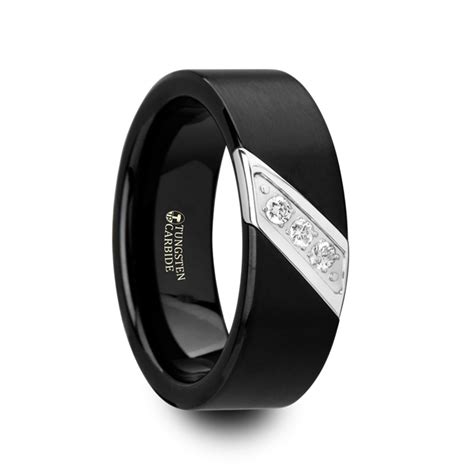 8 mm Black Tungsten with Diagonal Diamonds "Martin" | Tungsten Rings.com