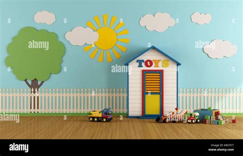 Colorful Playroom With Wooden House Stock Photo Alamy