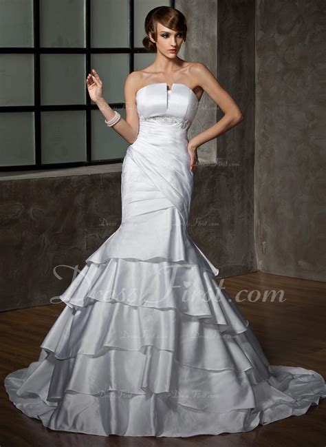 Trumpet Mermaid Scalloped Neck Court Train Satin Wedding Dress With