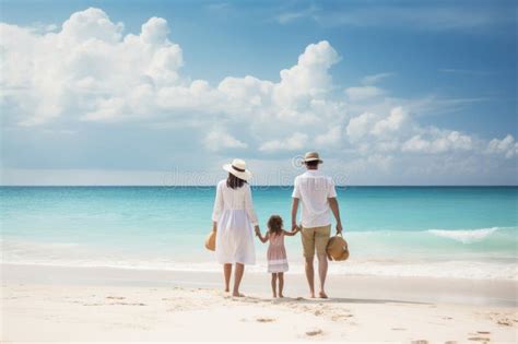 Vista Trasera De La Familia Feliz Caminando En Playa Tropical Durante