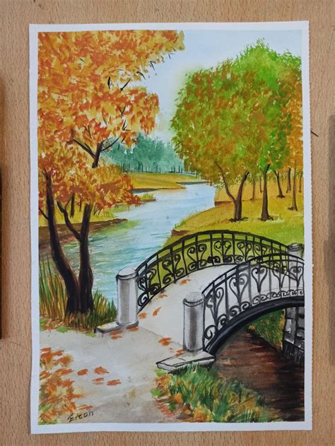 Suluboya Ile Kolay Sonbahar Manzaras Watercolor Easy Bridge Tree