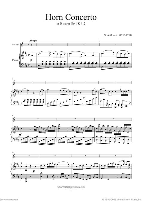 Mozart Horn Concerto No 1 K412 In D Major Sheet Music For Horn And Piano