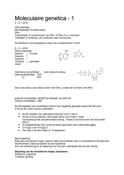 Moleculaire Genetica College Aantekeningen Moleculaire Genetica