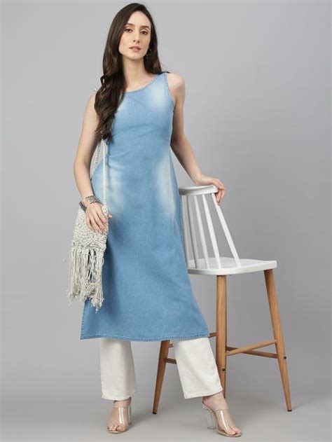 Buy Janasya Women S Light Blue Denim Solid Straight Kurta Online At