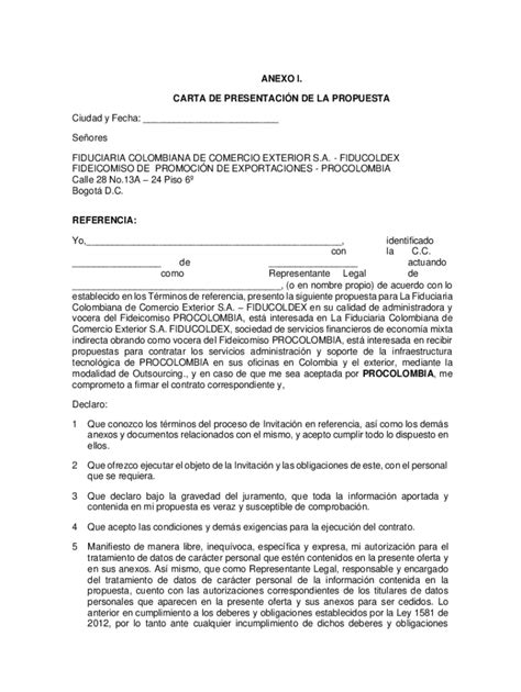 Fillable Online Anexo 1 Carta De Presentacin De La Fiducoldex Fax