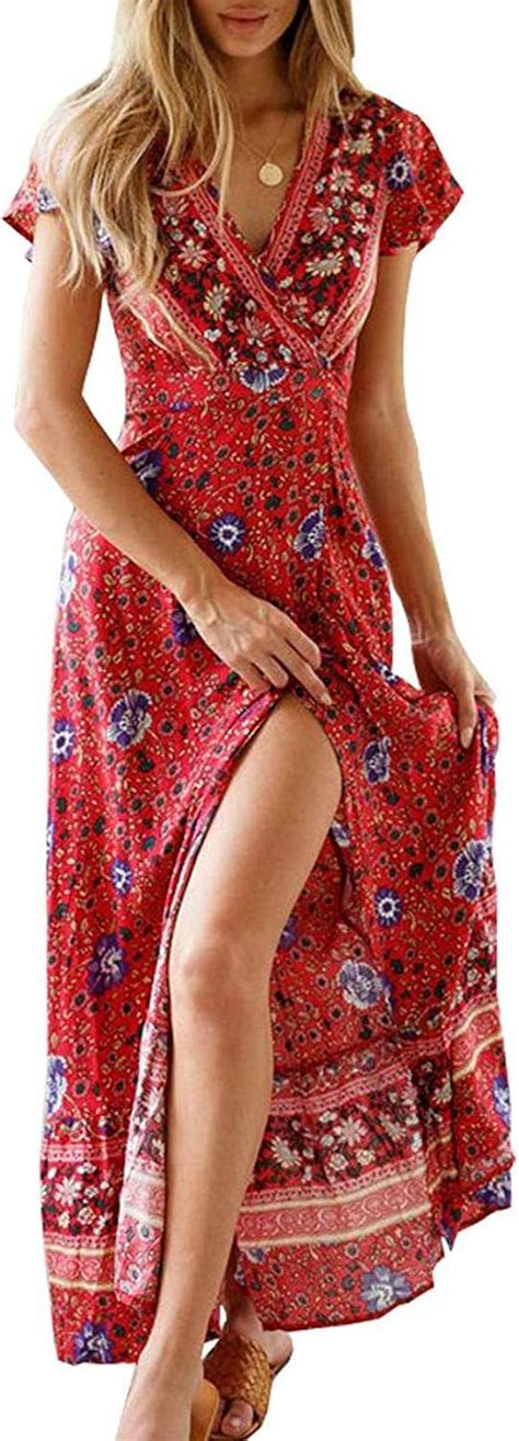 Kafadala Womens Summer Boho Maxi Dresses Casual V Neck Bohemian Floral