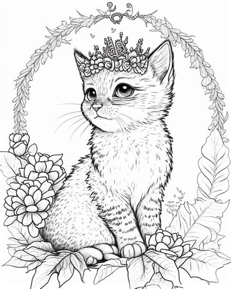 Un Dibujo En Blanco Y Negro De Un Gatito Con Una Corona En La Cabeza