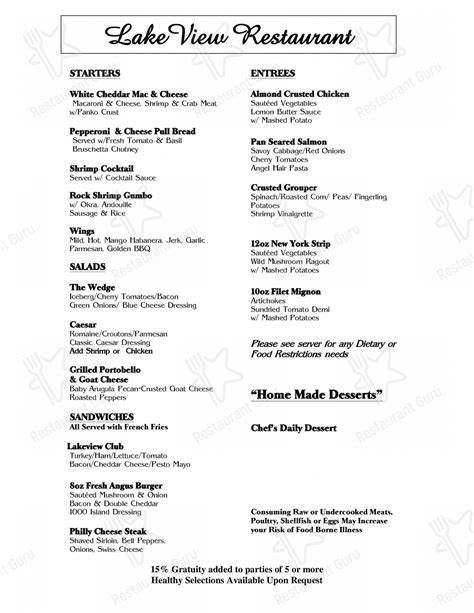 Menu at Lakeview Restaurant, Orlando