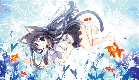 Animal Animal Ears Barefoot Black Hair Blue Eyes Catgirl Fish Long Hair