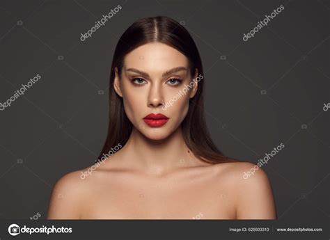 Female Fashion Model Naked Shoulders Long Hair Looking Camera Dark Stock Photo Vova