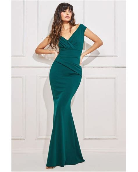 Goddiva Bardot Pleated Maxi Dress In Green Lyst