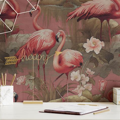 Wallpaper Vintage Flamingo Pink Retro Bird Mural Luxury Tropical Wall