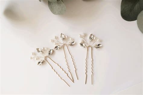 Set Of 3 Crystal Hair Pins Bridal Hair Pins Silver Hair Pins Etsy