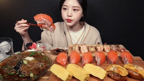 Sub 살살녹는 두툼한 연어초밥에 대왕달걀초밥 불초밥 먹방 냉모밀까지 꿀조합 리얼사운드 Various Grilled Sushi