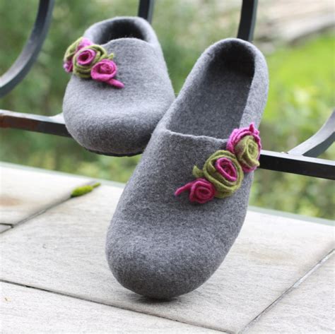 Women Felted Wool Slippers Grey Felt Slippers With Purple And Etsy