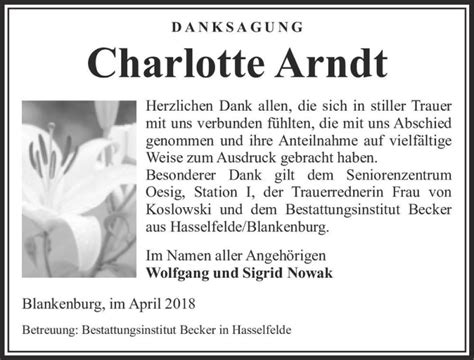 Traueranzeigen Von Charlotte Arndt Abschied Nehmen De