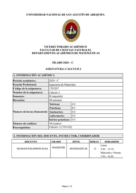 Silabo cálculo 2 verano CC Página 1 5 UNIVERSIDAD NACIONAL DE SAN