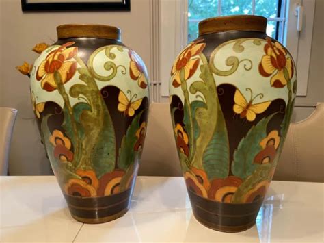 Paire De Vases Keramis Art Deco Charles Catteau Decor Papillon Eur