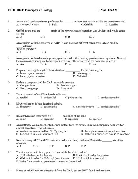 Final Exam Lecture Notes Notes BIOL 1020 Principles Of Biology