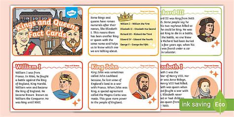 Kings And Queens Fact Cards Profesor Hizo Twinkl