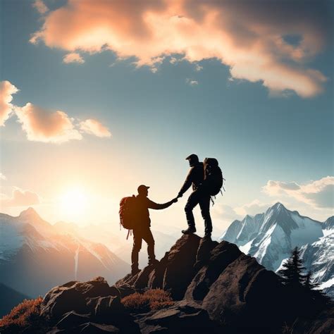 Casal De Caminhantes No Pico Da Montanha Casal De Hikers No Pico Das