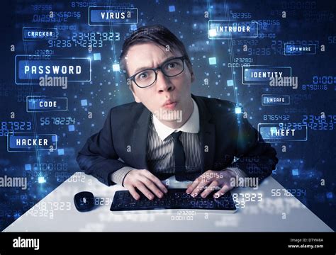 Hacker Programing In Technology Enviroment With Cyber Icons Stock Photo