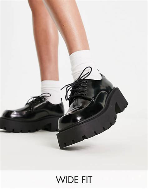 Truffle Collection Wide Fit Chunky Lace Up Shoes With Exaggerated Sole In Black Asos