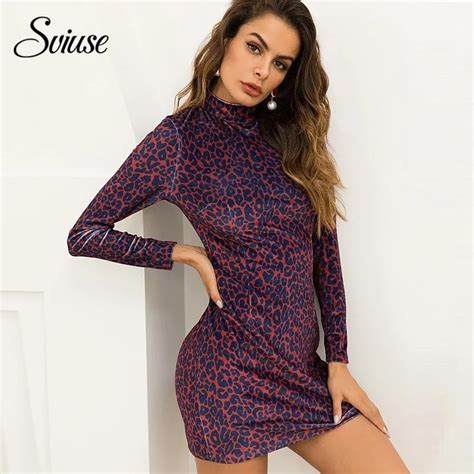 Velvet Leopard Mini Dress Women Autumn Long Sleeve Turtleneck Sexy Bodycon Club Dress Female