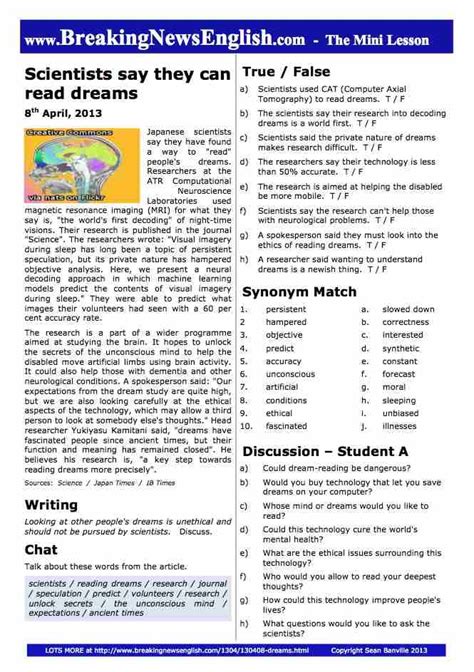 Breaking News English Page Mini Lesson Reading Dreams