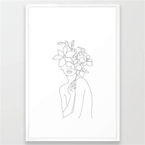 Minimal Line Art Woman With Orchids Framed Art Print By Nadja Vector