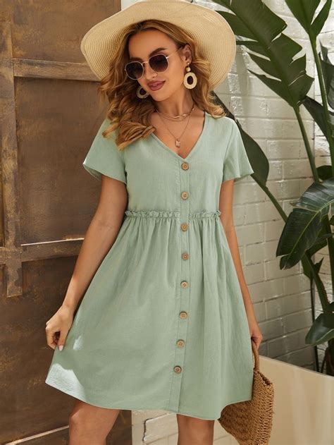 Mint Green Boho Short Sleeve Cotton Plain Smock Embellished Non Stretch