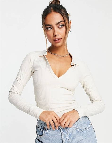 Monki Long Sleeve Top With Collar In Beige Asos Monki Long Sleeve